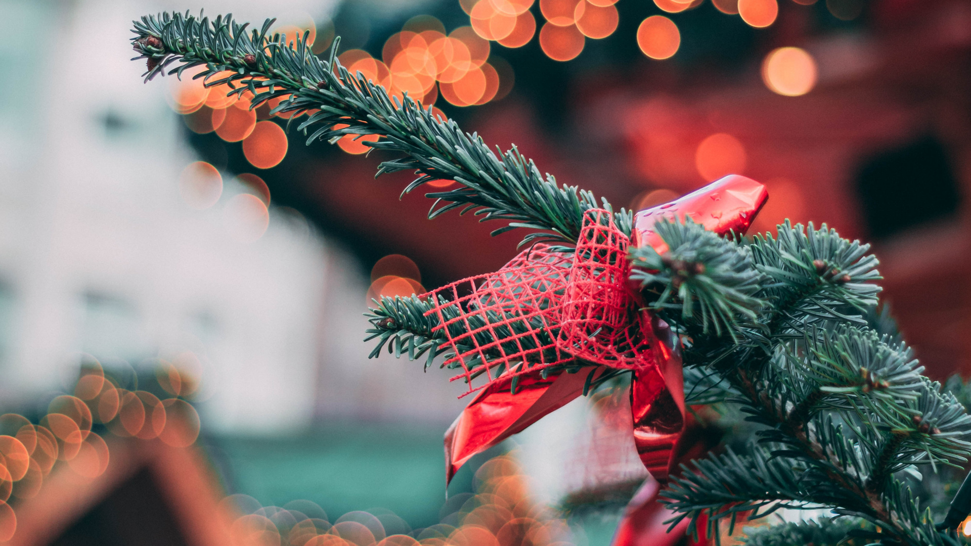 Обои Новый год, Рождественский день, боке, красный цвет, зеленый в разрешении 1920x1080