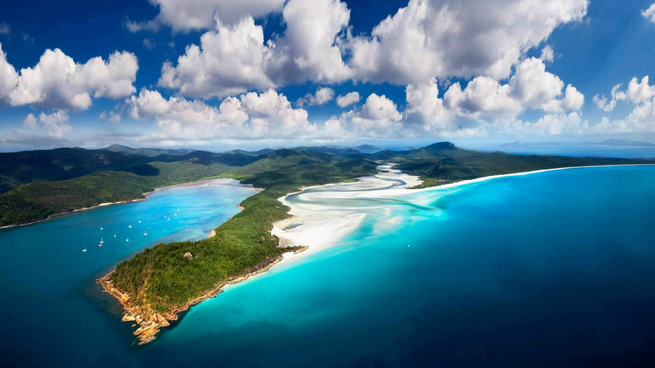 Обои уитсандейайлендс, зеленый остров, Остров, гидроресурсы, море в разрешении 1280x720