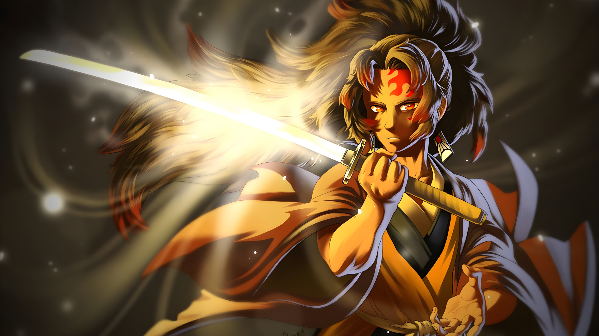 Обои арт, аниме, убийца демонов kimetsu no yaiba, охотник охотник, фан арт в разрешении 1920x1080