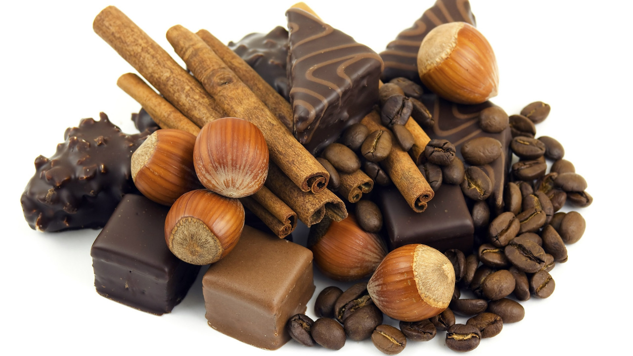 Обои кофейное зерно, гайка, пища, кондитерских изделий, шоколадный трюфель в разрешении 1280x720