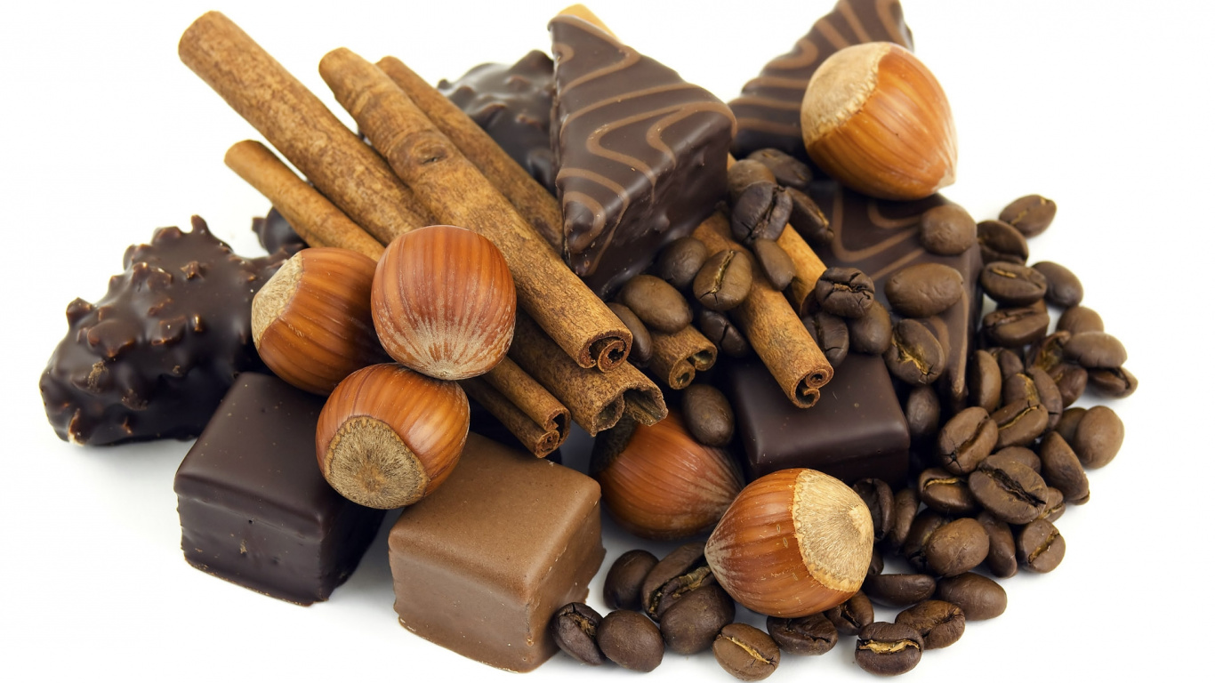 Обои кофейное зерно, гайка, пища, кондитерских изделий, шоколадный трюфель в разрешении 1366x768