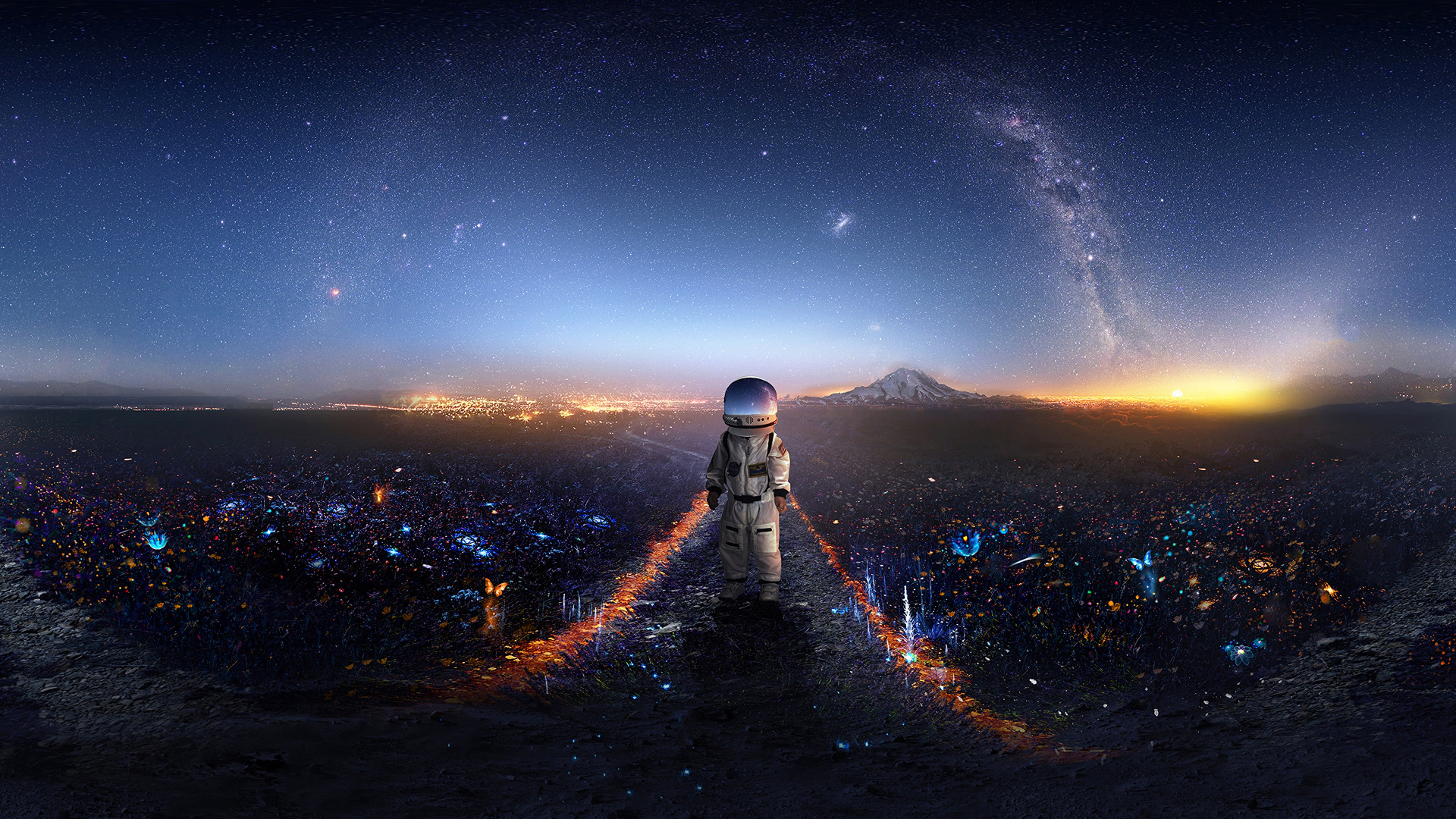 Обои астронавт, космическое пространство, ночь, атмосфера, горизонт в разрешении 1920x1080