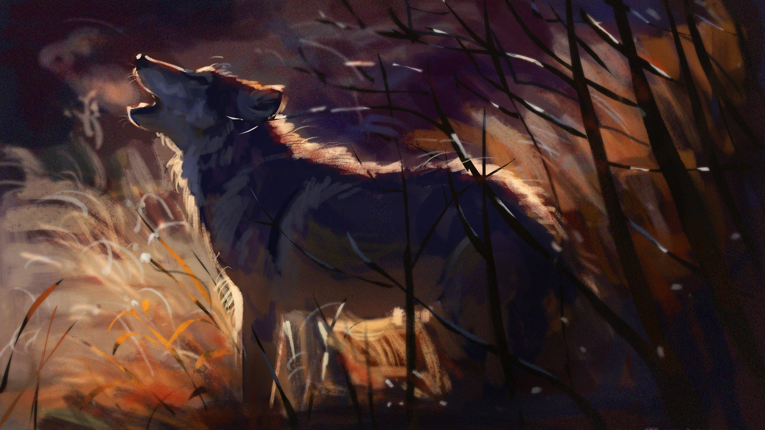 Обои волк, живая природа, живопись, темнота, арт в разрешении 2560x1440