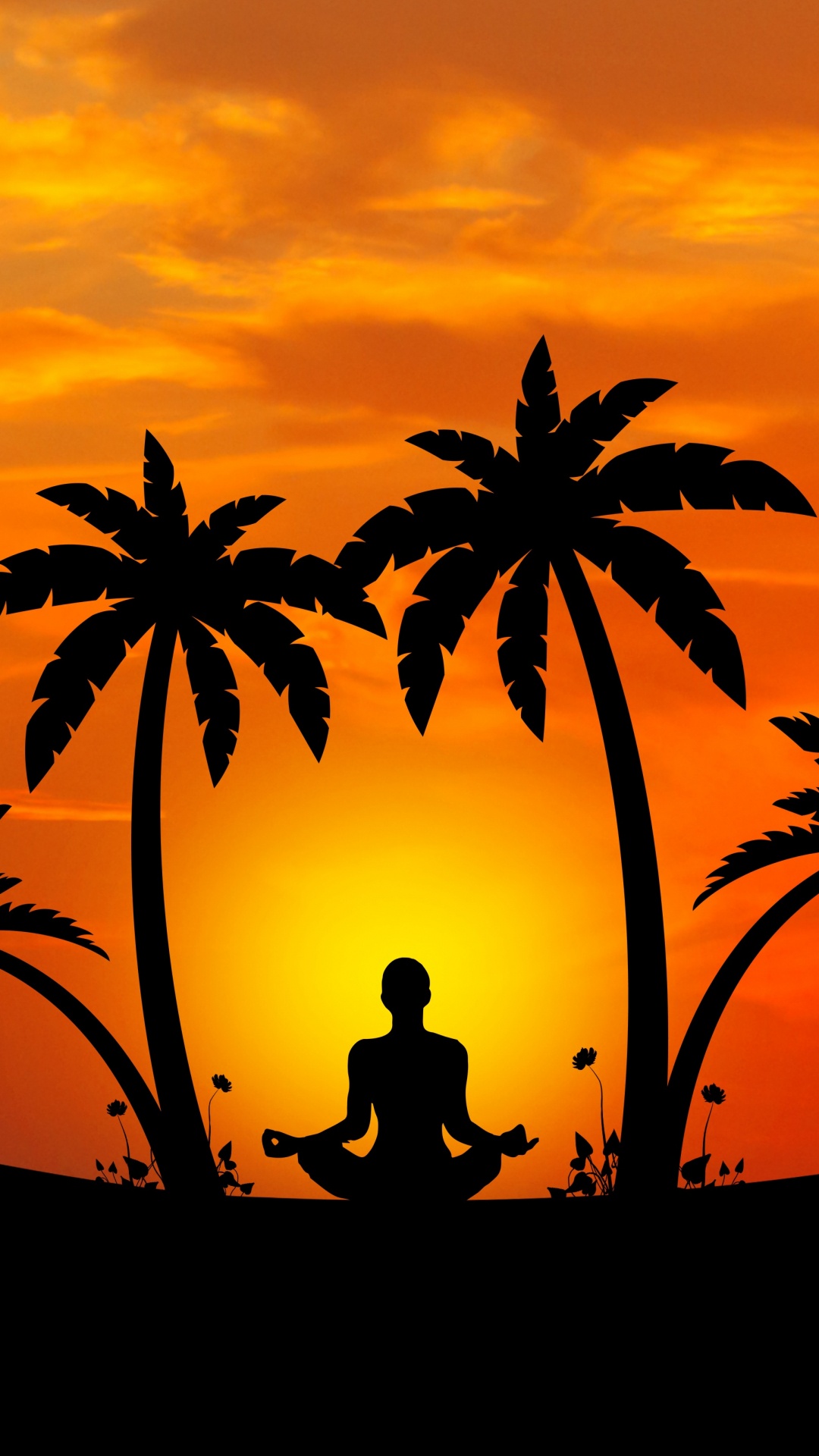 Обои картинка, пляж, силуэт, векторная графика, закат в разрешении 1080x1920