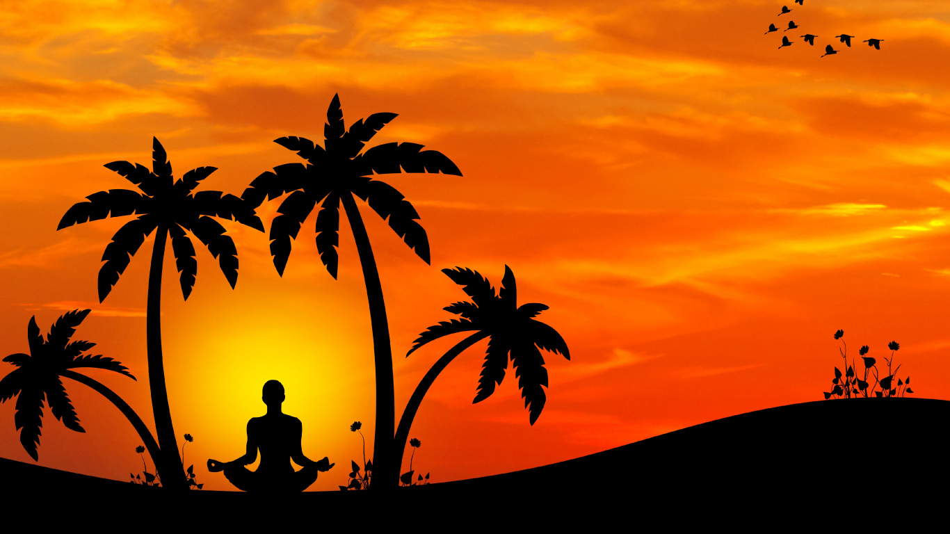 Обои картинка, пляж, силуэт, векторная графика, закат в разрешении 1366x768