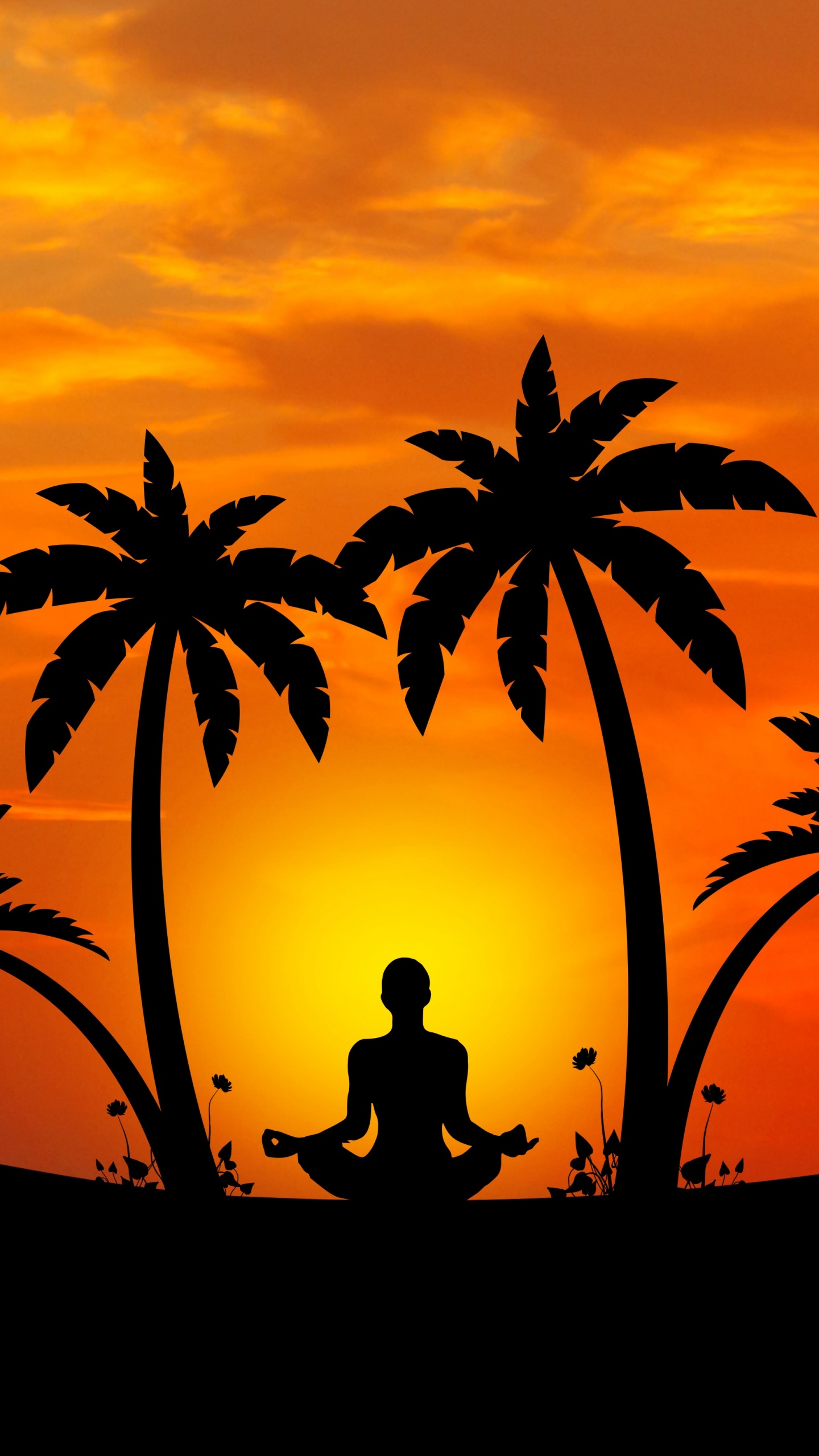 Обои картинка, пляж, силуэт, векторная графика, закат в разрешении 1440x2560