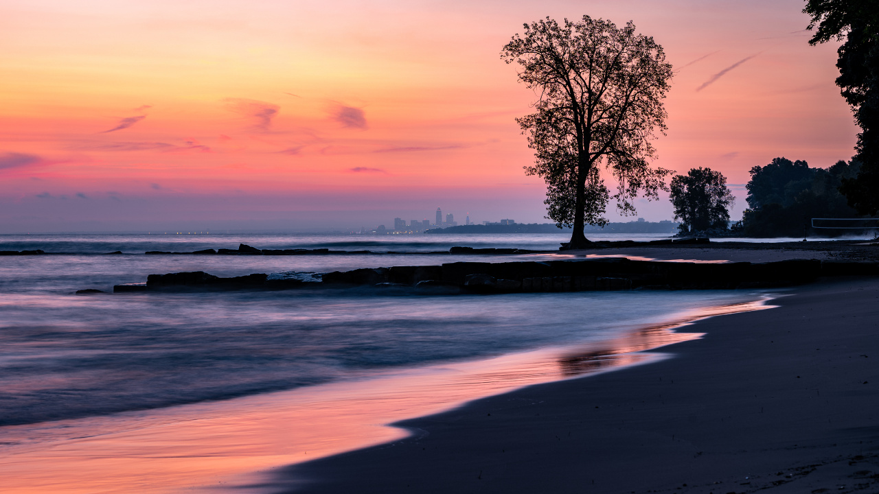 Обои пляж, закат, горизонт, вода, океан в разрешении 1280x720