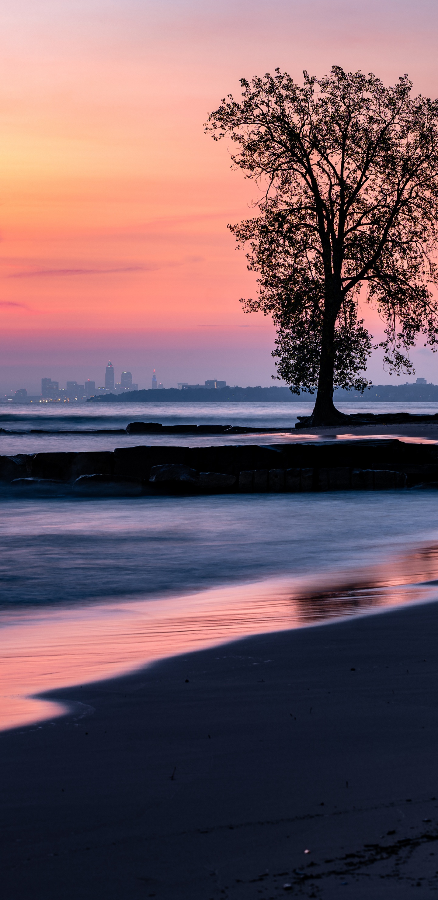 Обои пляж, закат, горизонт, вода, океан в разрешении 1440x2960