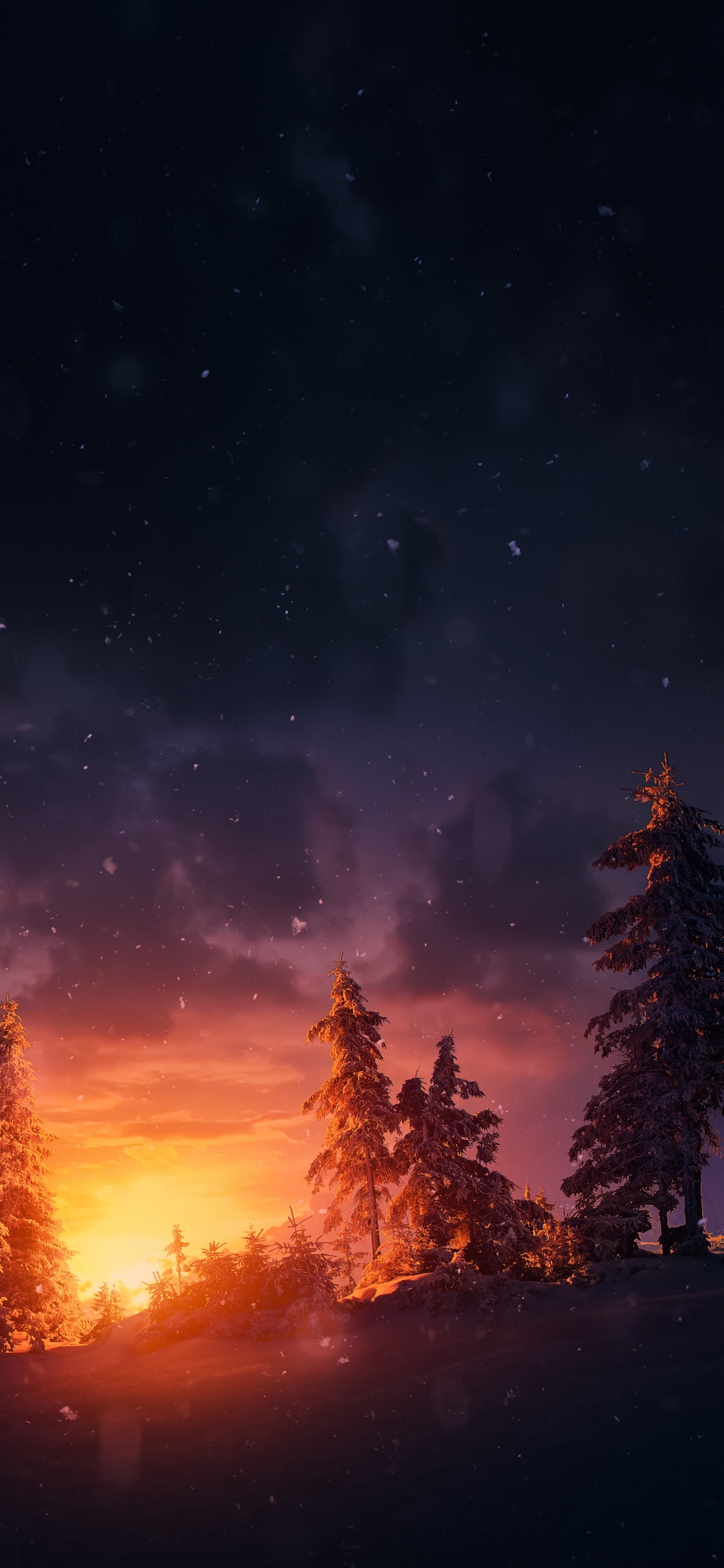 Обои атмосфера, природный ландшафт, облако, послесвечение, дерево в разрешении 1125x2436