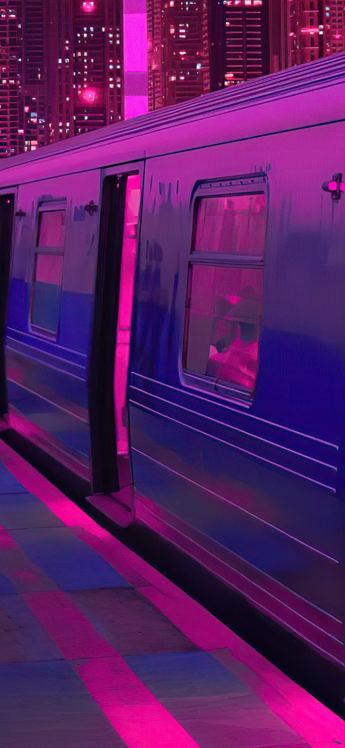 Обои Train Neon Synthwave Buildings 5k в разрешении 1125x2436