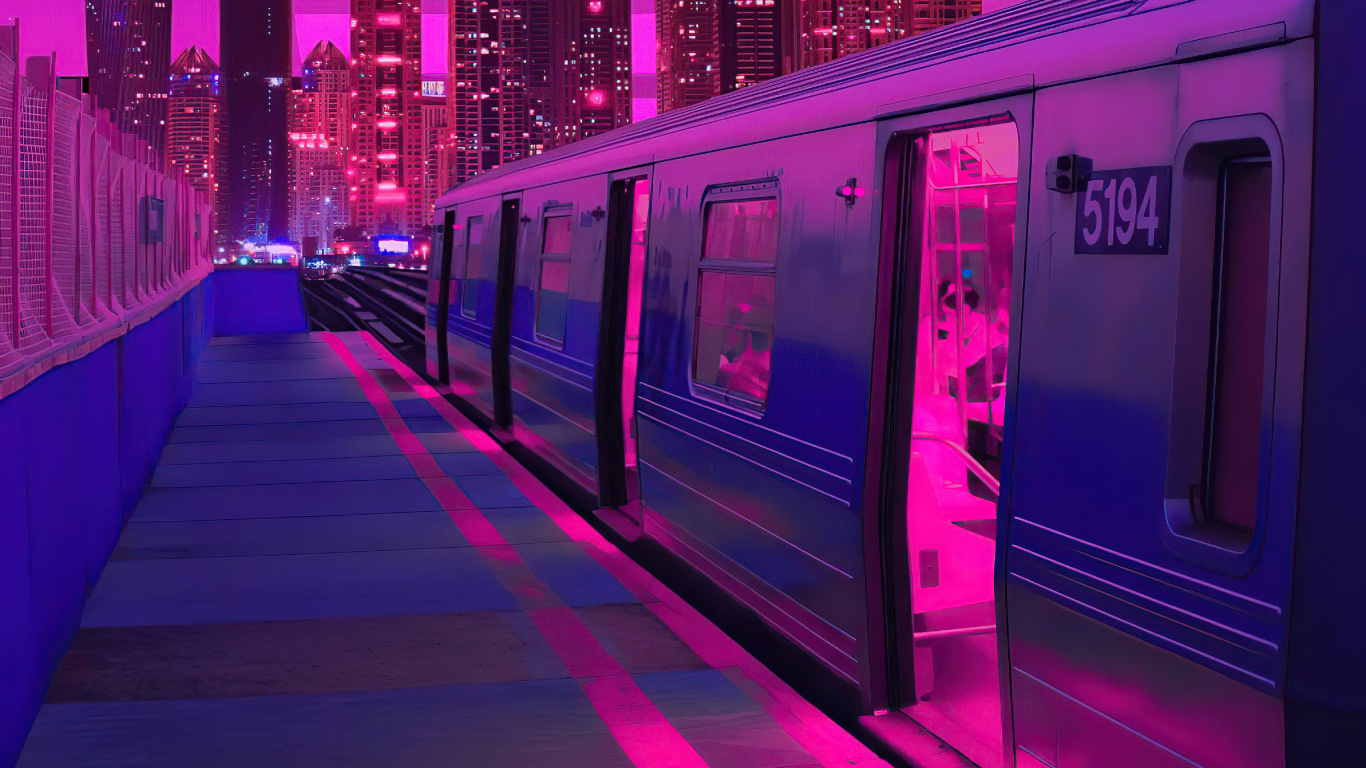 Обои Train Neon Synthwave Buildings 5k в разрешении 1366x768