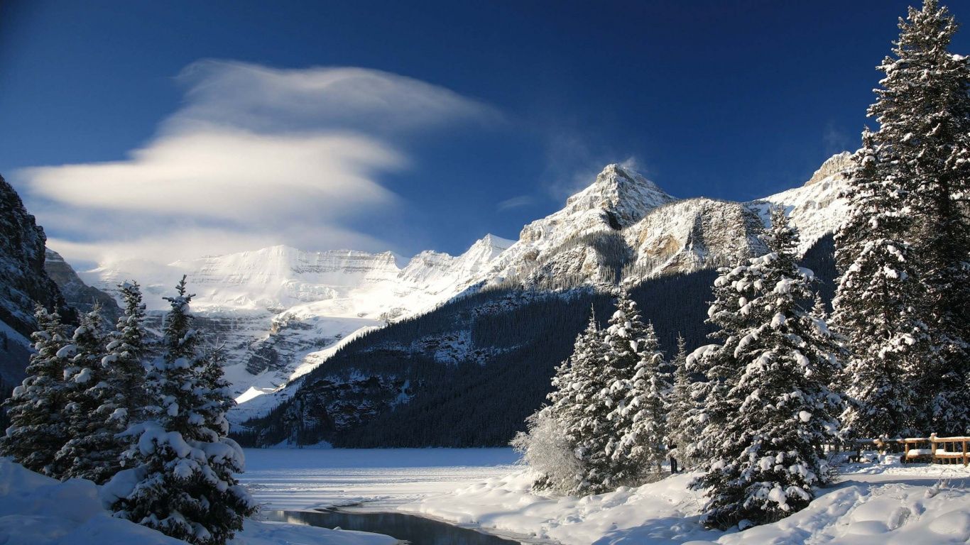 Обои озеро Луиза, банфф, снег, горный рельеф, гора в разрешении 1366x768
