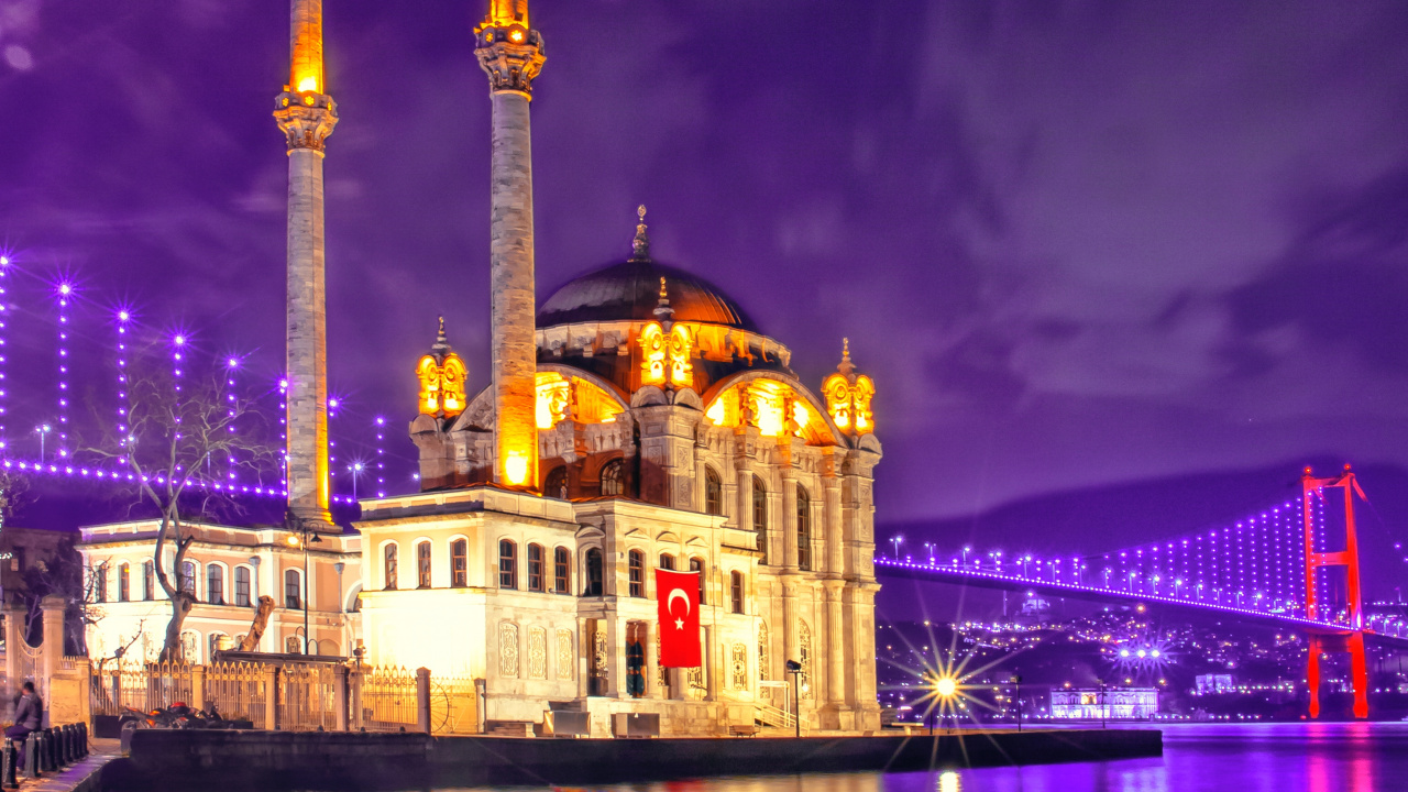 Обои ориентир, пурпур, мечеть, ночь, отражение в разрешении 1280x720