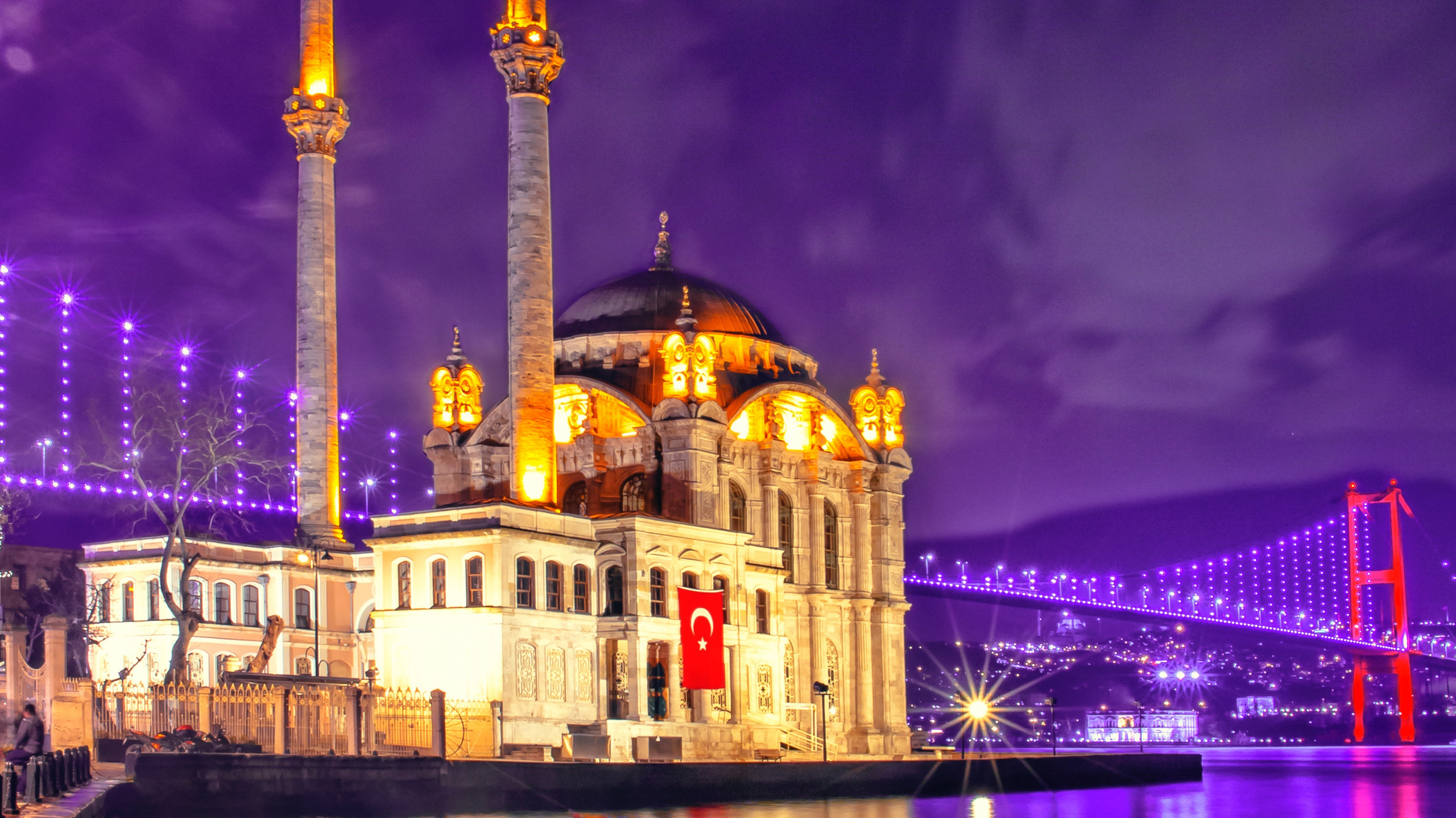 Обои ориентир, пурпур, мечеть, ночь, отражение в разрешении 2560x1440