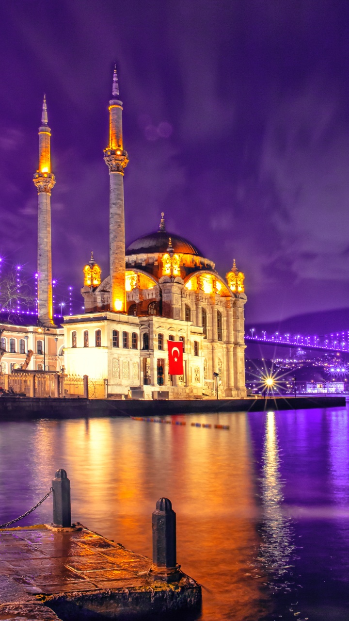 Обои ориентир, пурпур, мечеть, ночь, отражение в разрешении 720x1280