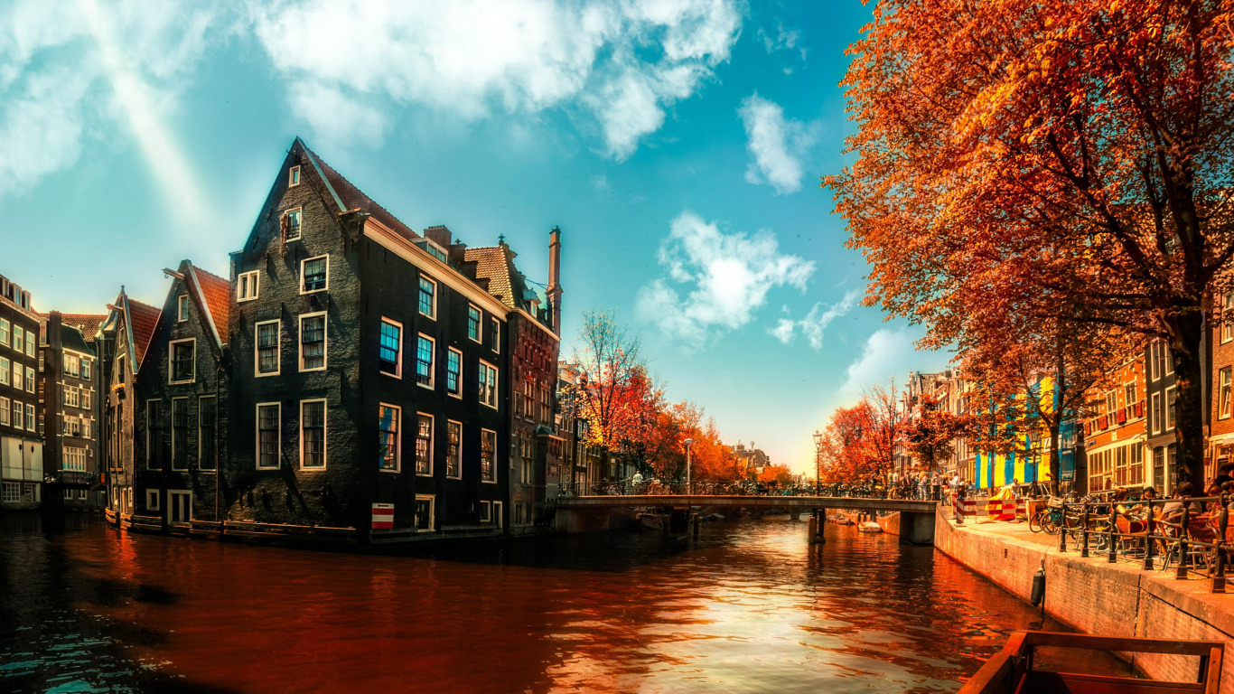 Обои Амстердам, водный путь, канал, городок, отражение в разрешении 1366x768