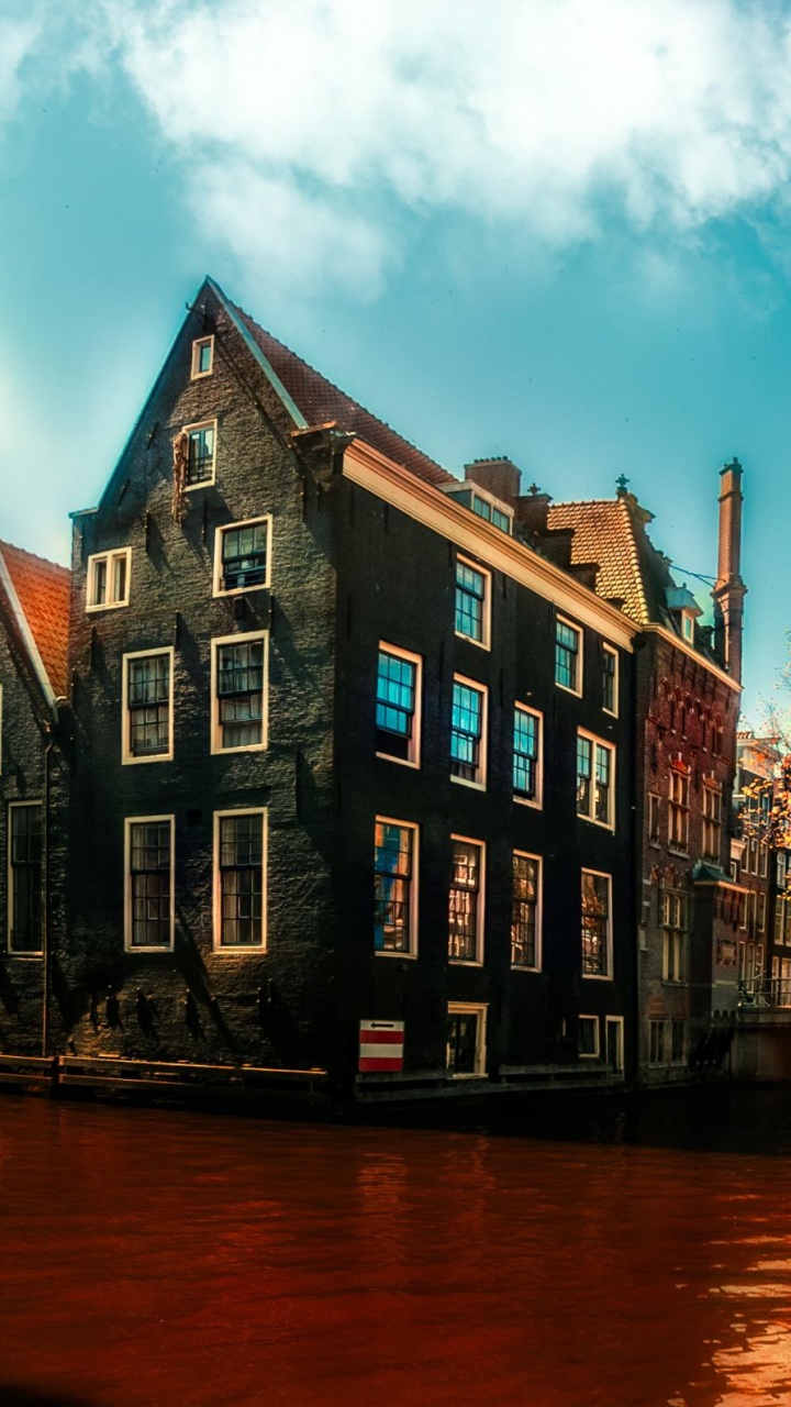 Обои Амстердам, водный путь, канал, городок, отражение в разрешении 720x1280