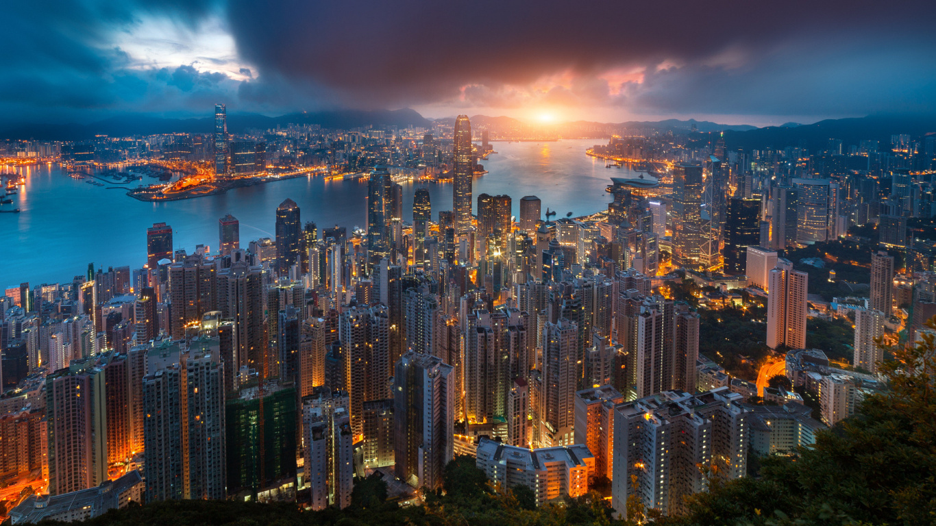 Обои городской пейзаж, город, метрополия, городской район, линия горизонта в разрешении 1366x768