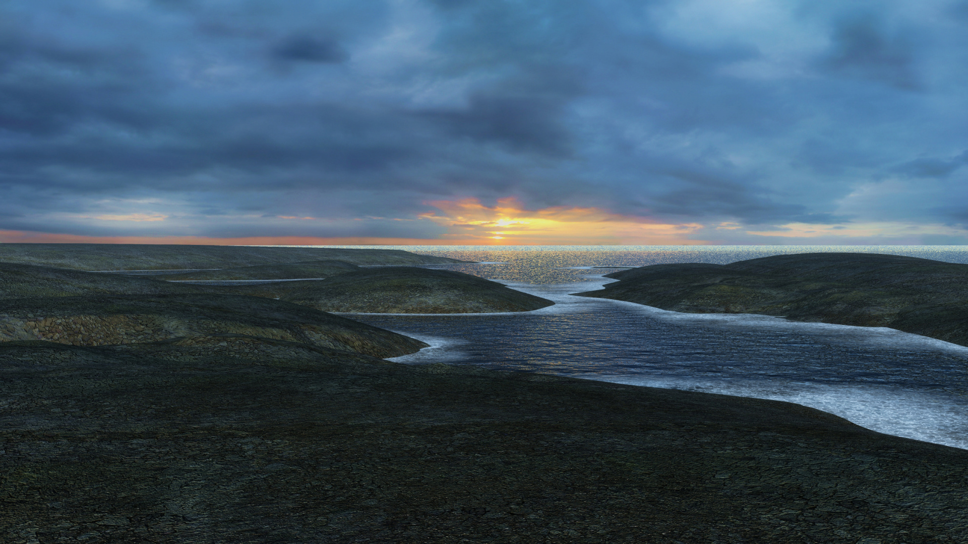 Обои горизонт, небо, окно, тундра, озеро в разрешении 1920x1080