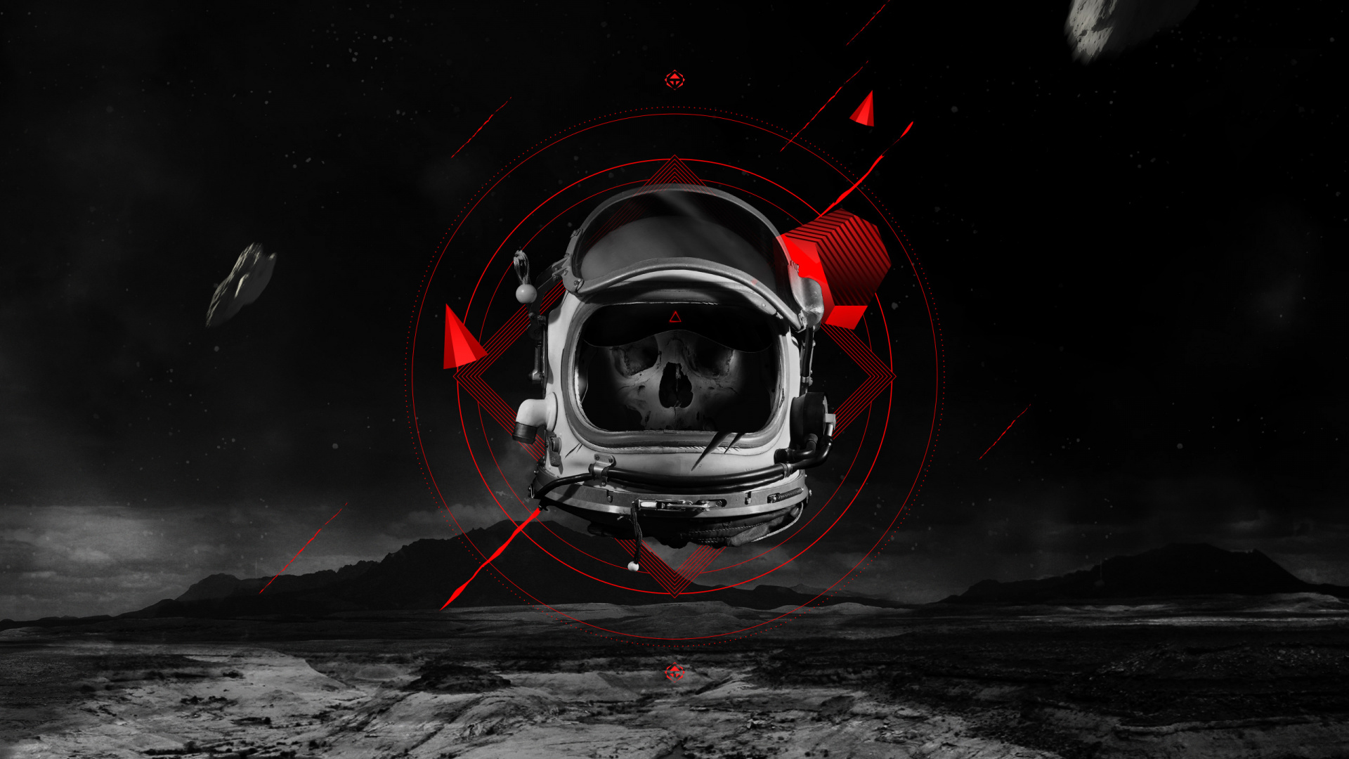 Обои астронавт, темнота, космос, автомобильные запчасти, иллюстрация в разрешении 1920x1080