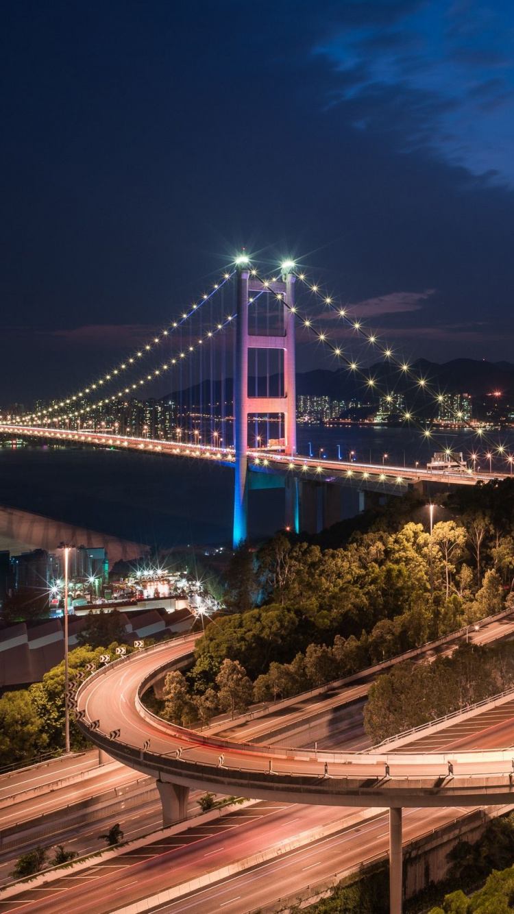 Обои Мост Цинь Ма, Ма Ван, подвесной мост, мост, ночь в разрешении 750x1334