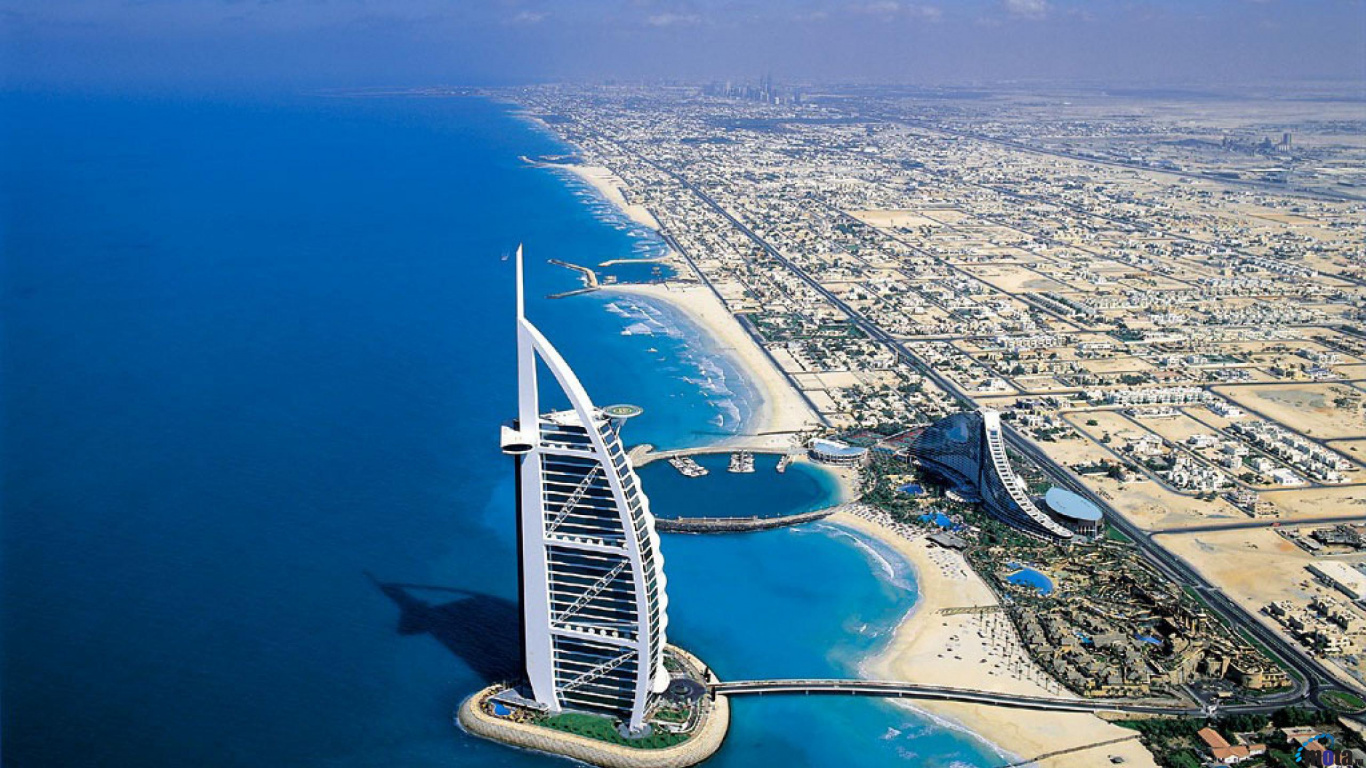 Обои Бурдж Халифа, Дубай Молл, Дубай Марина, искусственный остров, гидроресурсы в разрешении 1366x768