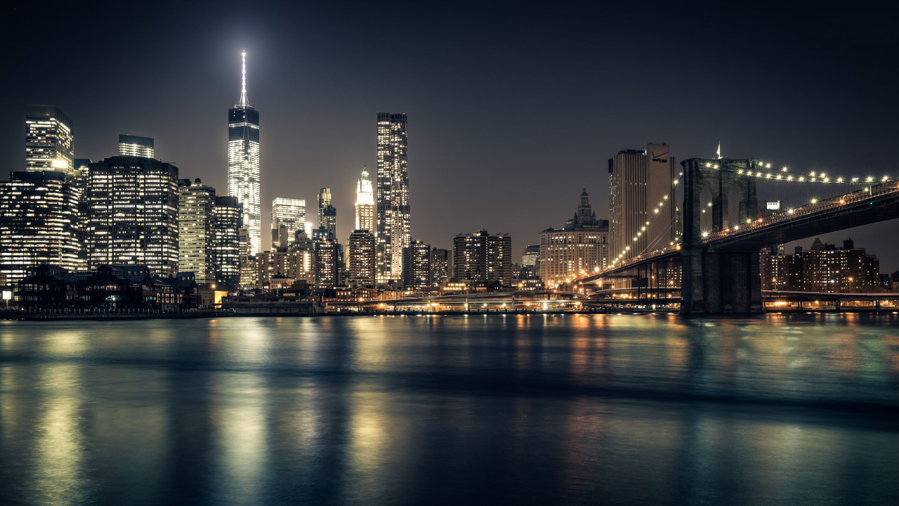 Обои Бруклинский мост, город, городской пейзаж, линия горизонта, метрополия в разрешении 1280x720