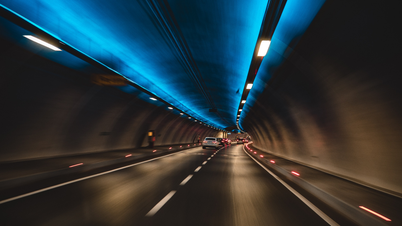 Обои туннель, синий, дорога, магистраль, автострада в разрешении 1280x720