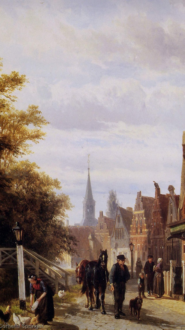 Обои вид на деревню, Амстердам, живопись, здание, средневековая архитектура в разрешении 720x1280