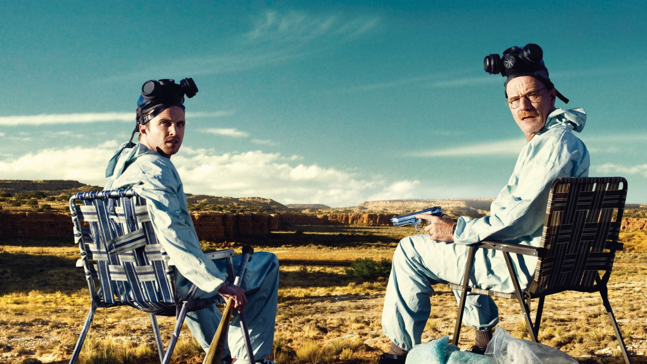 Обои Аарон Пол, Брайан Крэнстон, Во все тяжкие, Джесси Пинкман, Уолтер Уайт в разрешении 1280x720