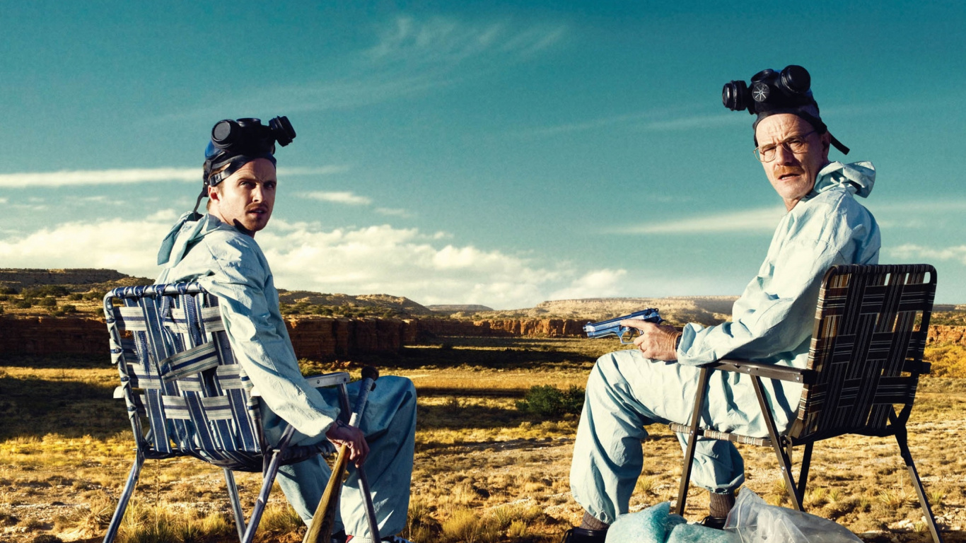 Обои Аарон Пол, Брайан Крэнстон, Во все тяжкие, Джесси Пинкман, Уолтер Уайт в разрешении 1366x768