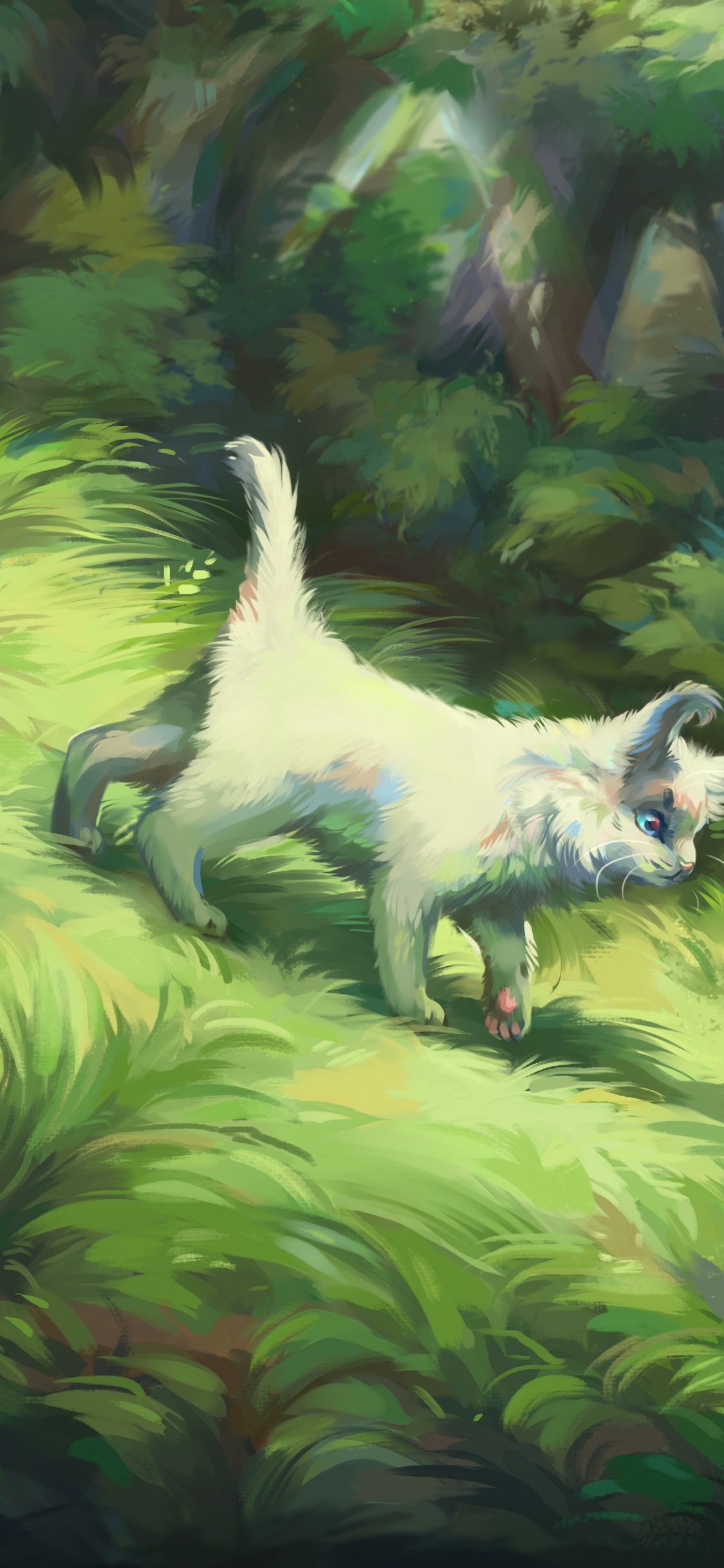 Обои кот, рисование, Божья коровка жук, живопись, живая природа в разрешении 1125x2436