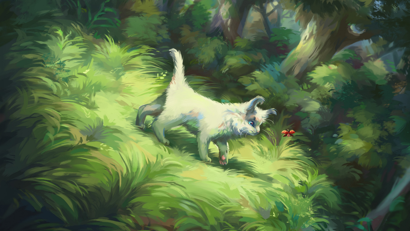 Обои кот, рисование, Божья коровка жук, живопись, живая природа в разрешении 1366x768