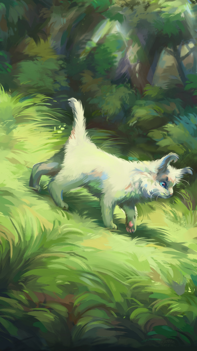 Обои кот, рисование, Божья коровка жук, живопись, живая природа в разрешении 750x1334