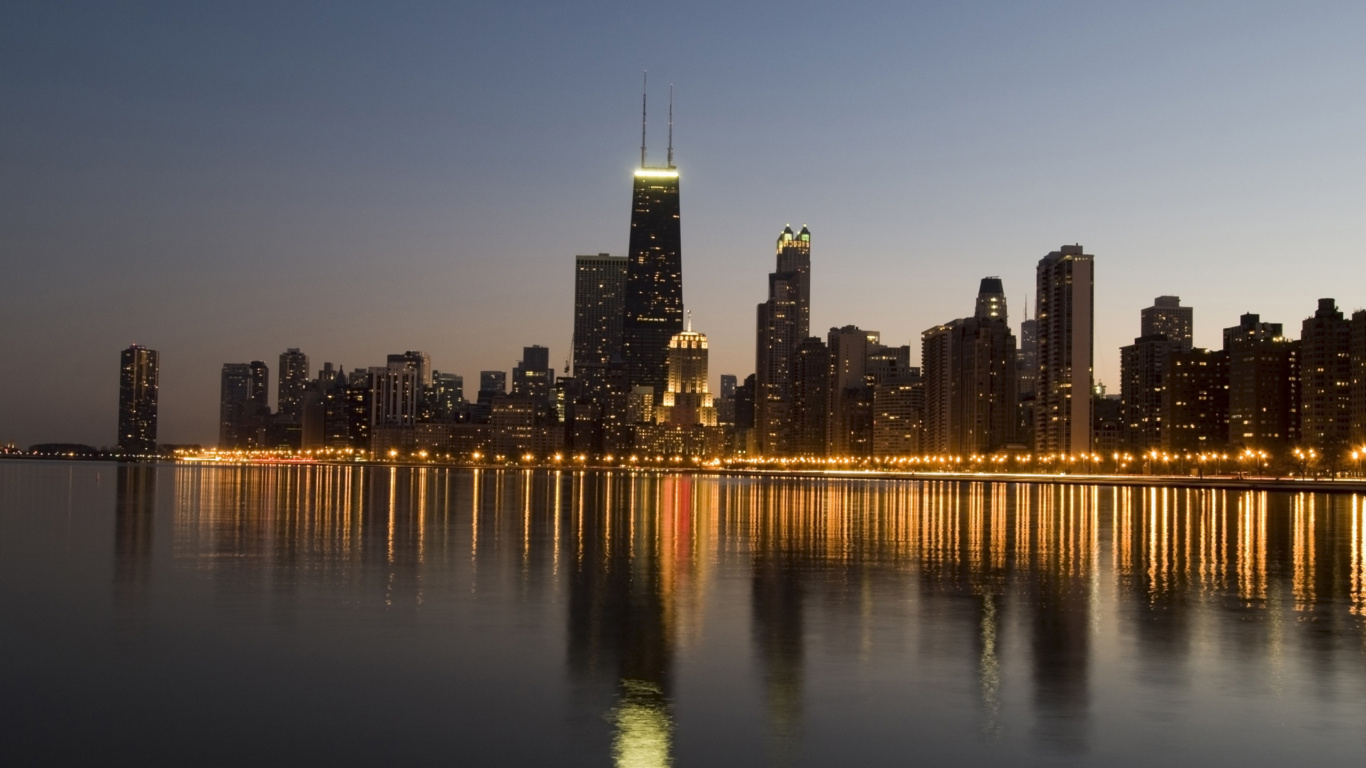 Обои Чикаго, городской пейзаж, город, линия горизонта, отражение в разрешении 1366x768