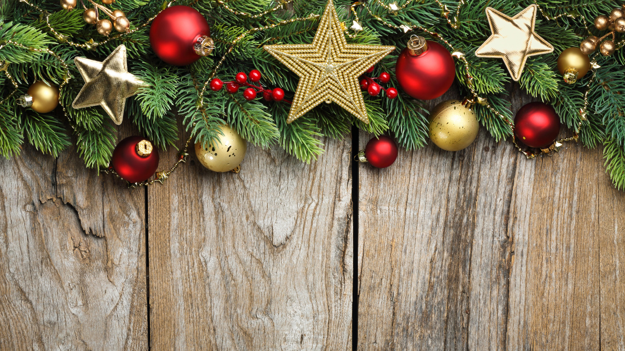 Обои Рождественский день, Рождественские украшения, рождественский орнамент, елка, праздник в разрешении 1280x720