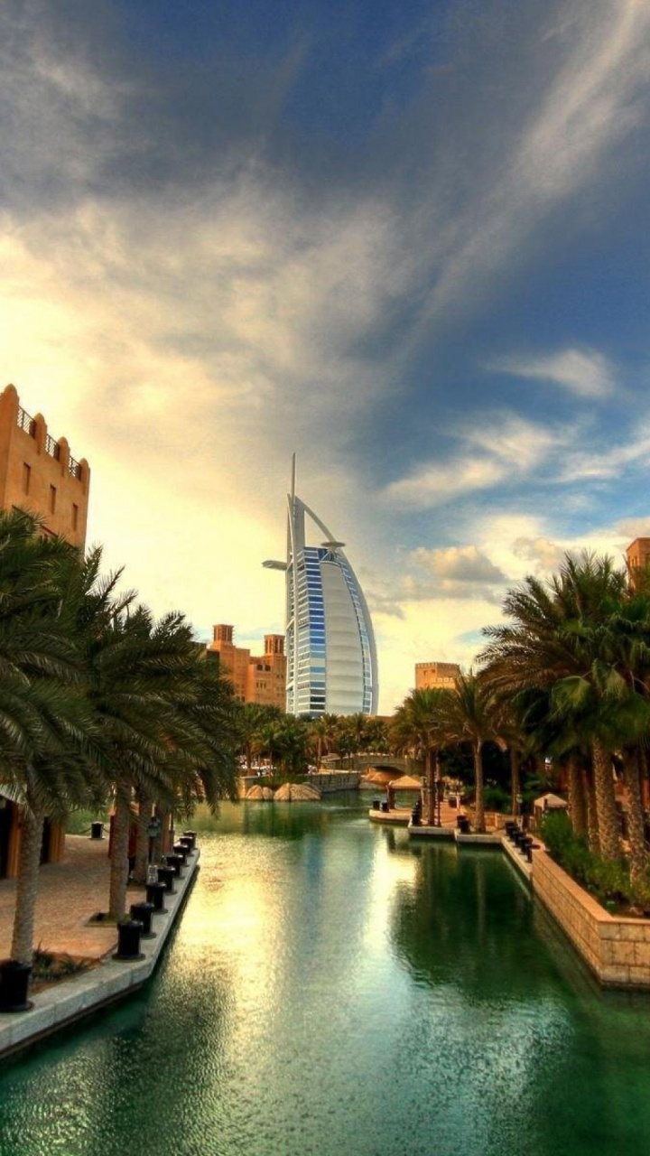 Обои Бурдж Аль араб, Бурдж Халифа, вода, дерево, Пальма в разрешении 720x1280