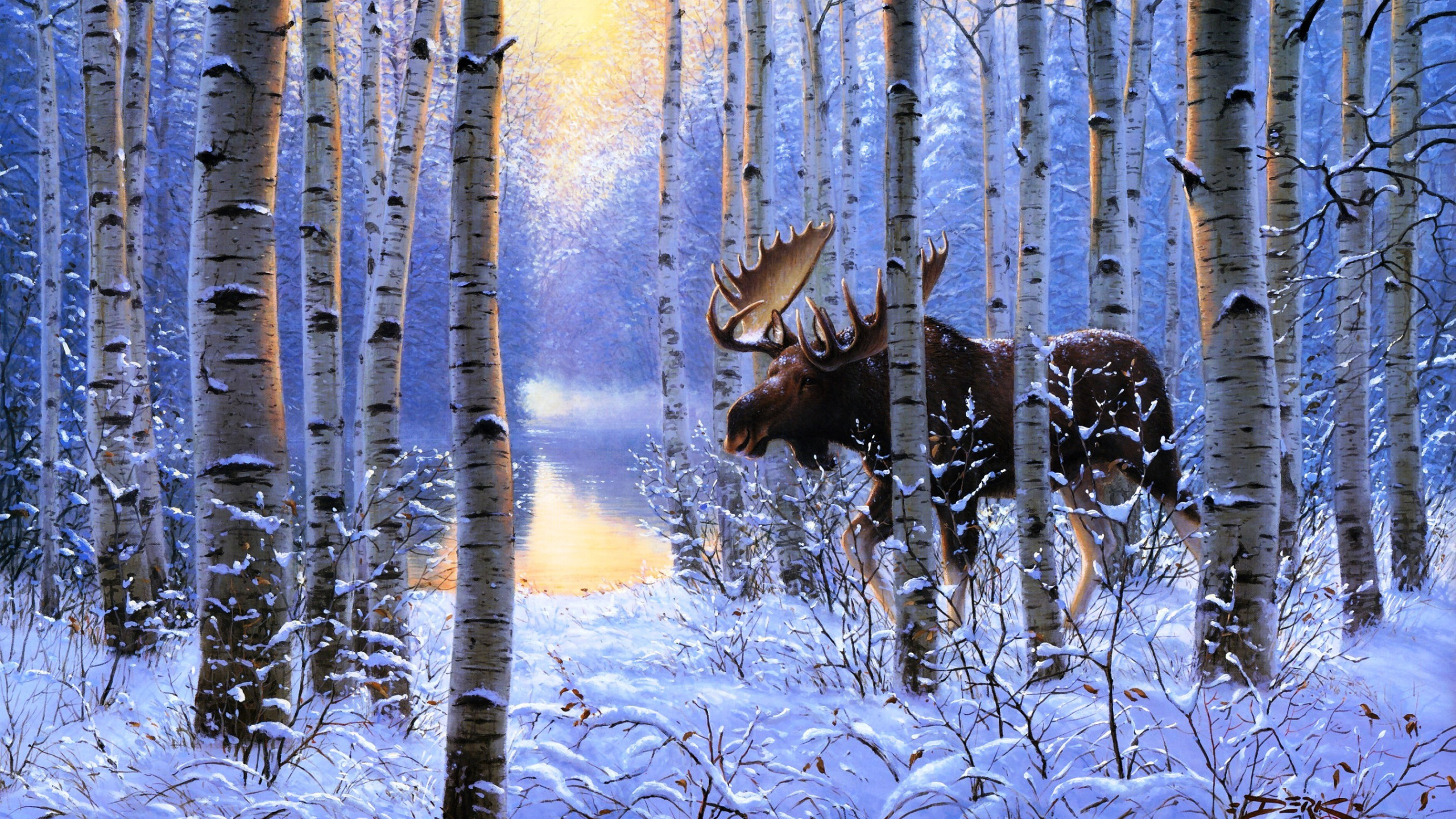 Обои американский лось, живопись, арт, холст, дерево в разрешении 2560x1440