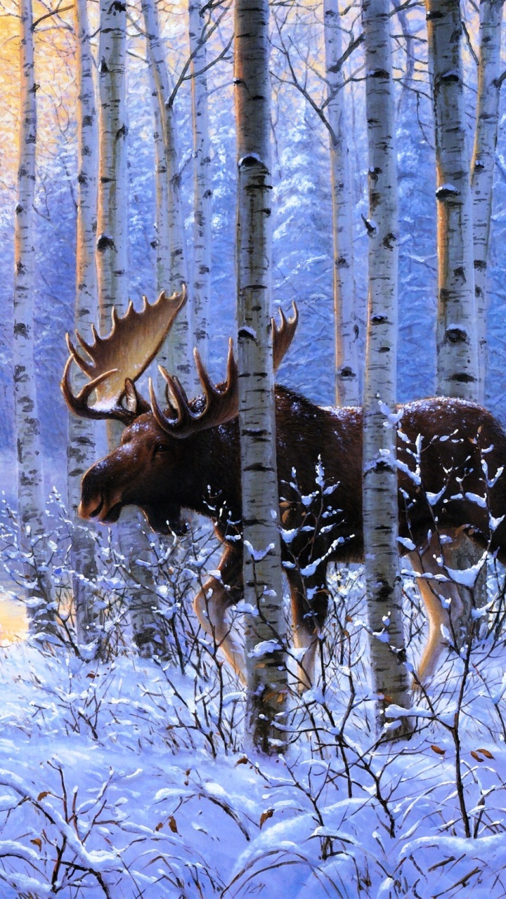 Обои американский лось, живопись, арт, холст, дерево в разрешении 720x1280