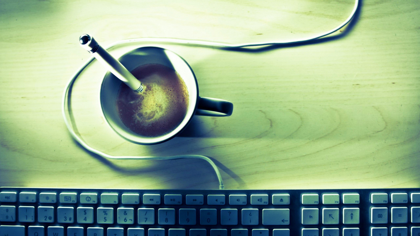 Обои кофе, технологии, электронное устройство, кофе и клавиатура, звуковое оборудование в разрешении 1366x768