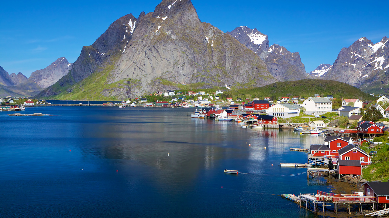Обои фьорд, Лофотен, рыбацкая деревня, горный рельеф, гора в разрешении 1280x720