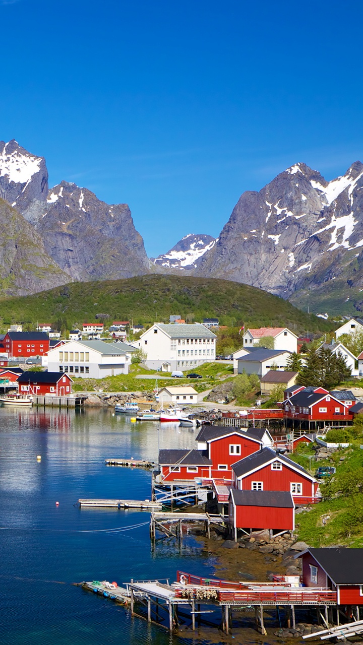 Обои фьорд, Лофотен, рыбацкая деревня, горный рельеф, гора в разрешении 720x1280