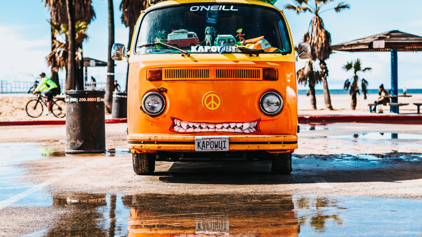 Обои фургон, volkswagen type 2, легковые автомобили, серфинг, жизнь в фургоне в разрешении 1366x768