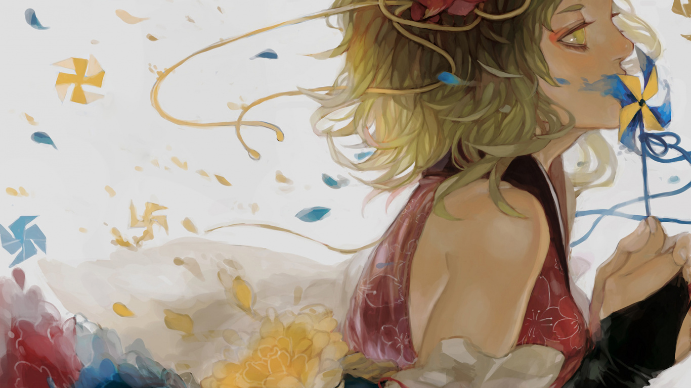 Обои иллюстрация, акварельные краски, живопись, лепестки, вокалоид в разрешении 1366x768