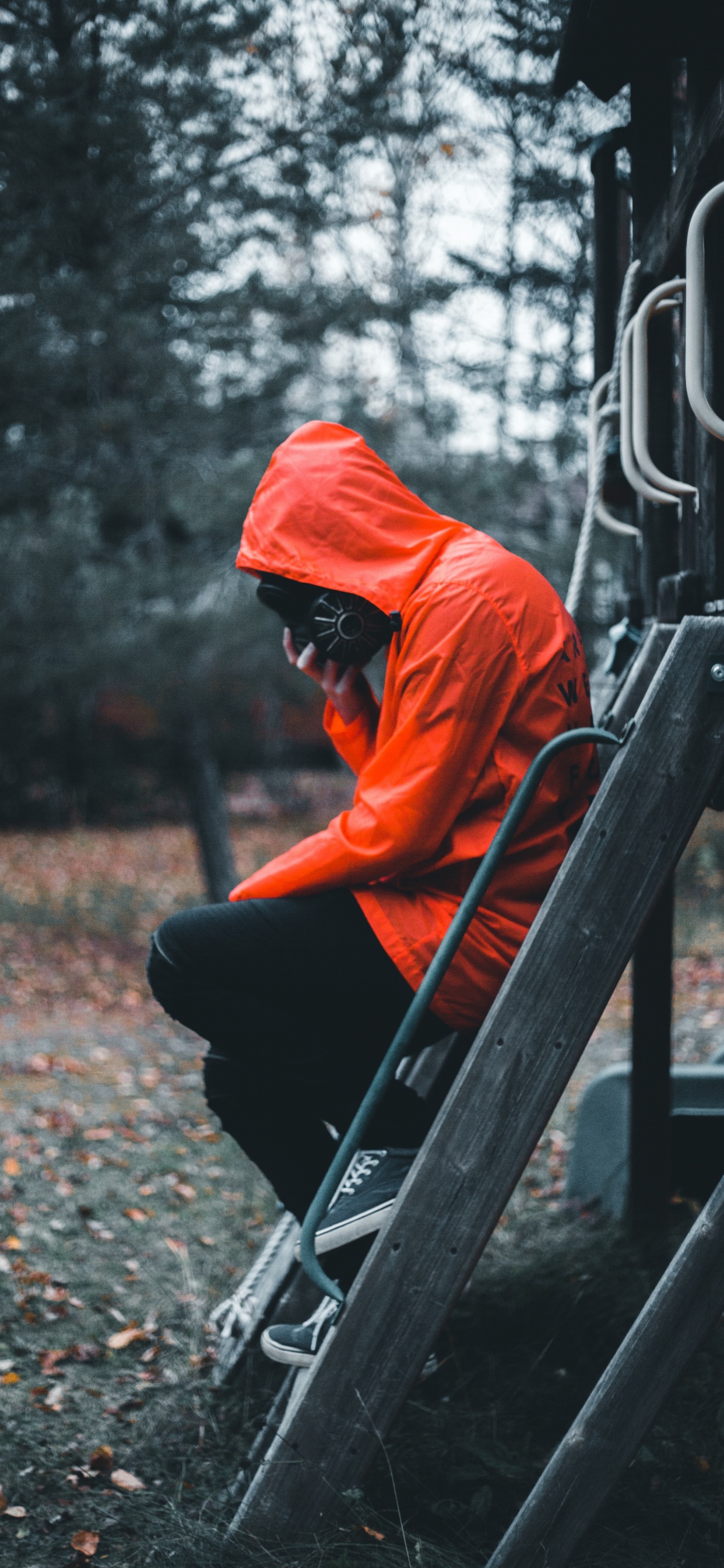 Обои красный цвет, верхняя одежда, головной убор, дерево, куртка в разрешении 1242x2688