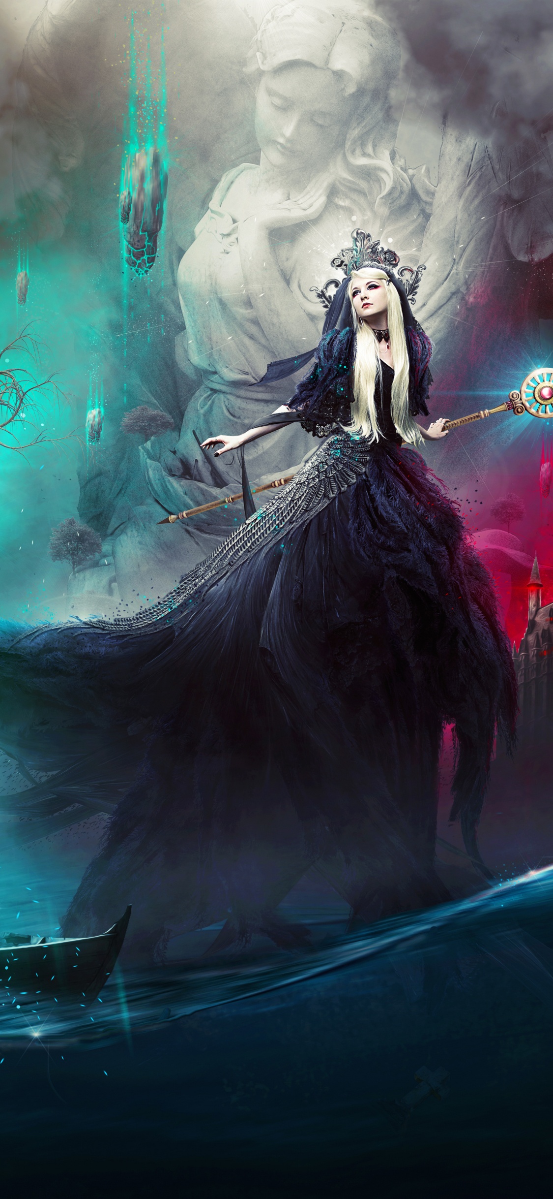 Обои вода, пурпур, арт, дизайн одежды, длинные волосы в разрешении 1125x2436