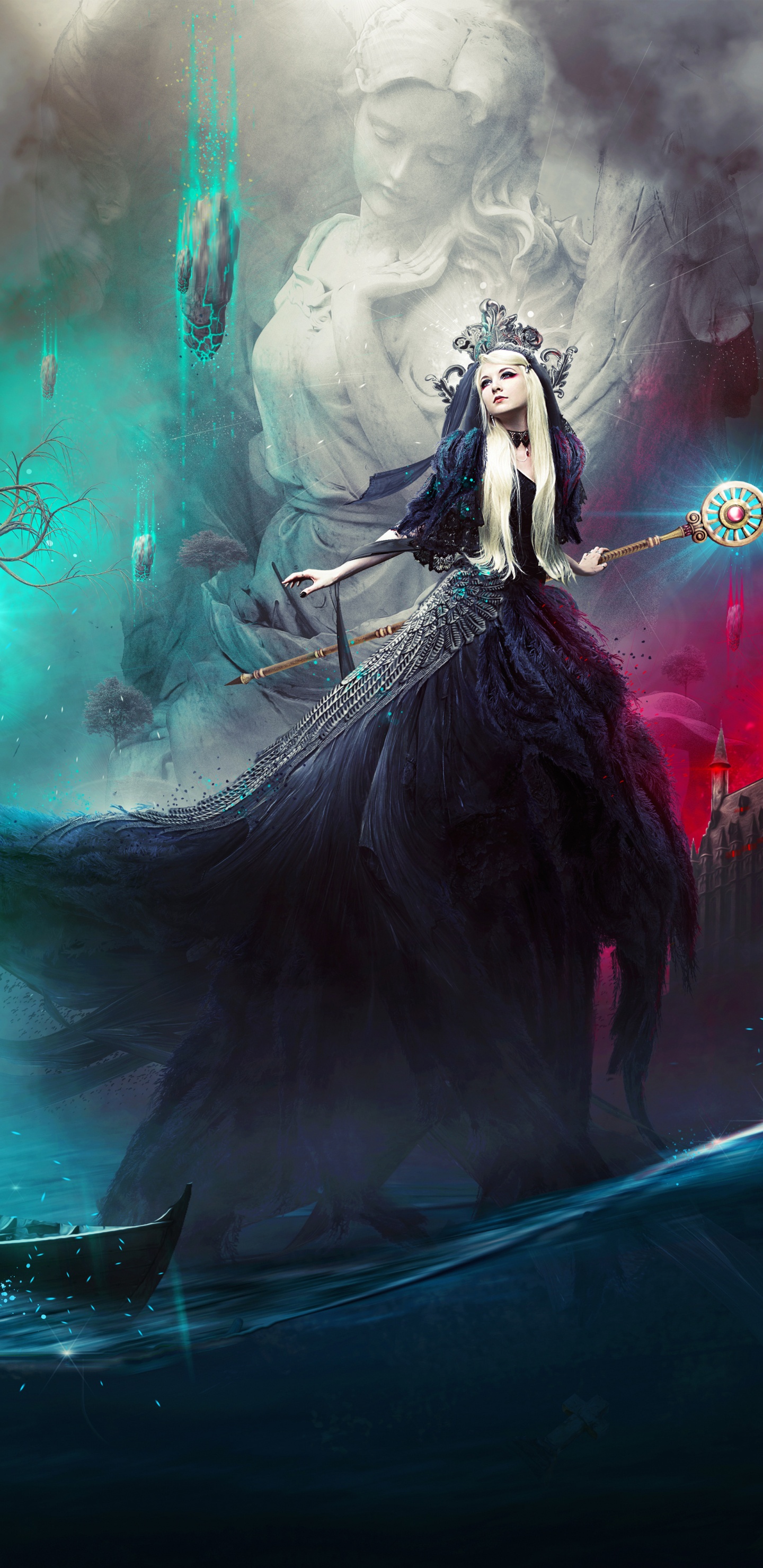 Обои вода, пурпур, арт, дизайн одежды, длинные волосы в разрешении 1440x2960