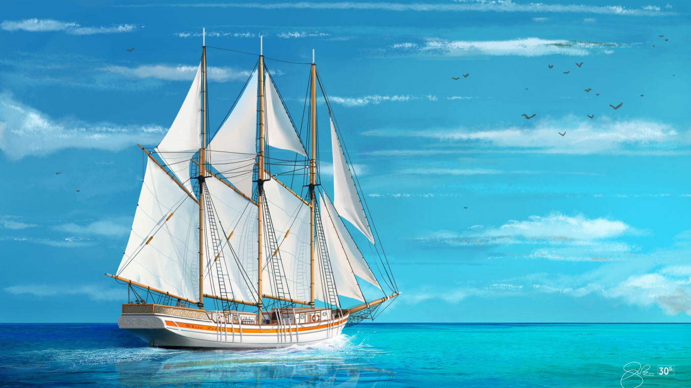 Обои арт, шхуна, рисование, иллюстрация, парусник в разрешении 1366x768