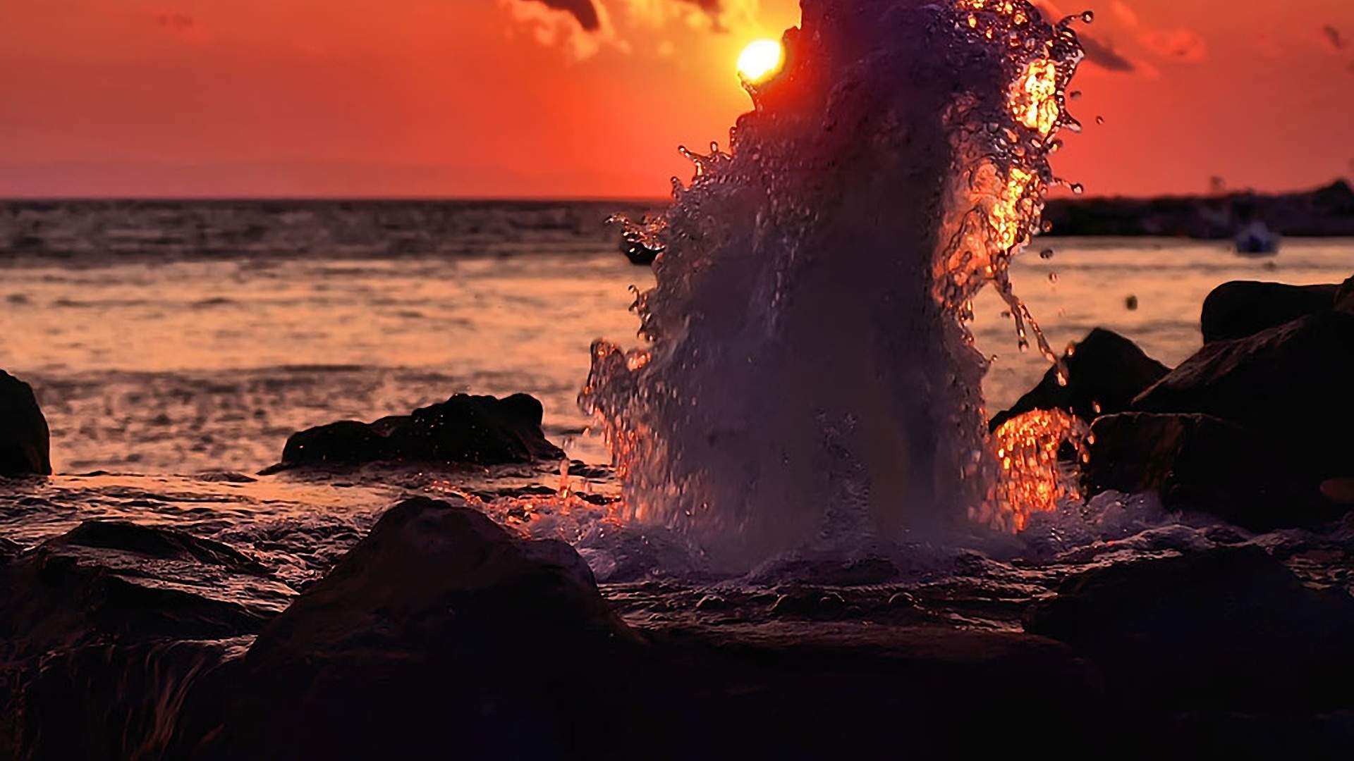 Обои закат, море, океан, горизонт, рок в разрешении 1920x1080