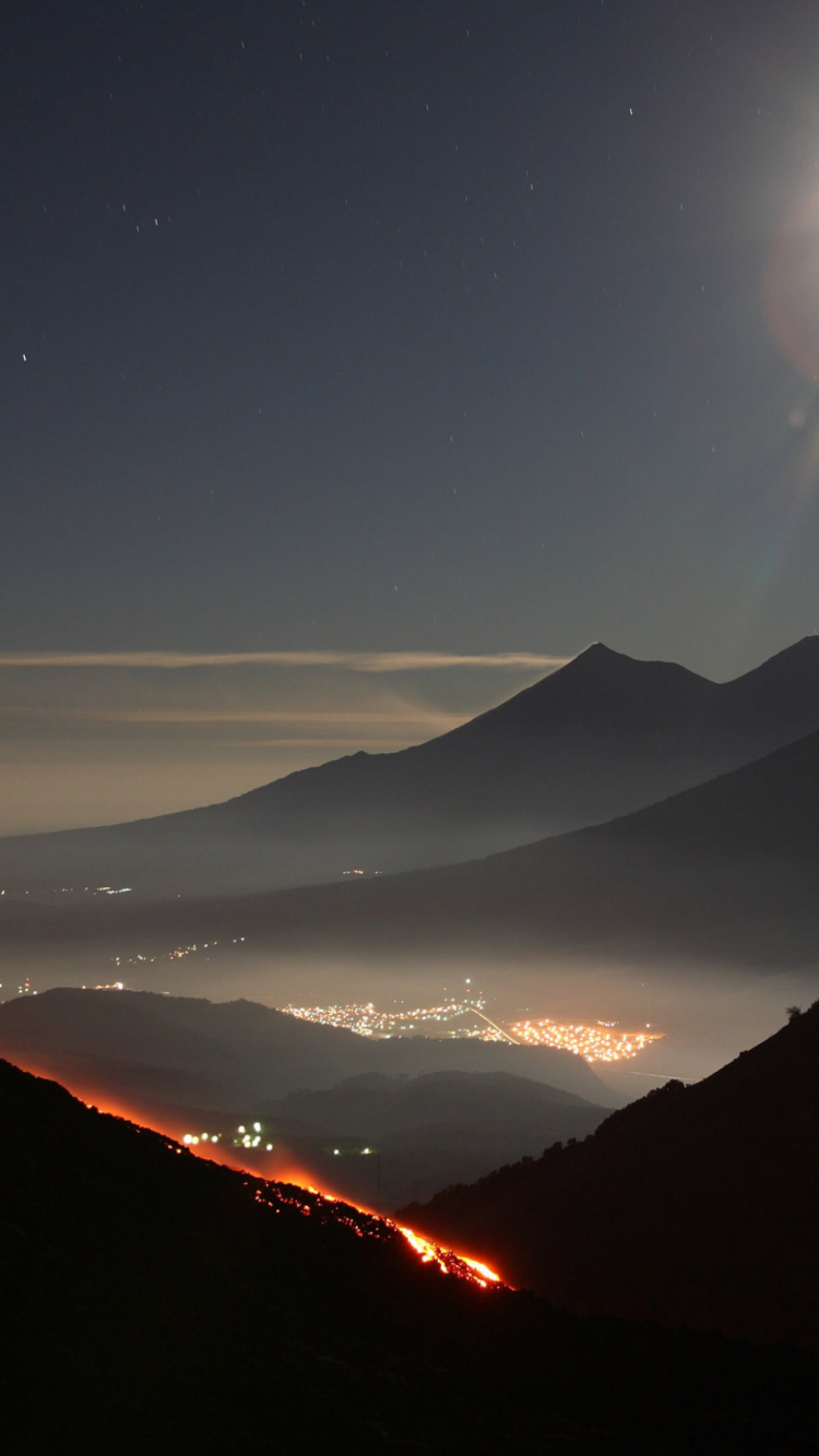 Обои пакае, агатенанго, вулкан, свет, ночь в разрешении 750x1334